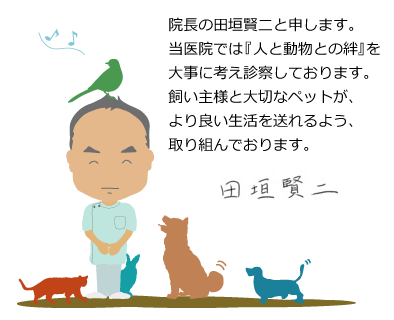 KEN動物病院院長の田垣賢二と申します。当医院では『人と動物の絆』を大事に考え診断しております。